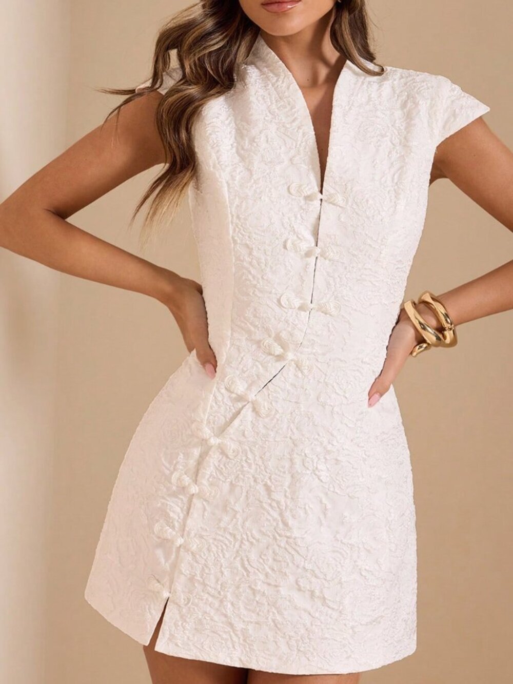 White Elegant Women's Cheongsam Cocktail Party Mini Dress - Picture 7 of 8